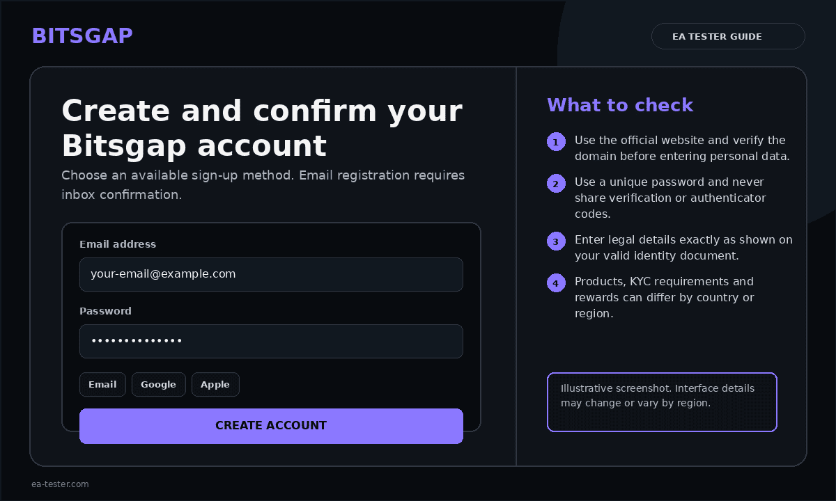 Illustrative Bitsgap sign-up screen. The live interface may change.