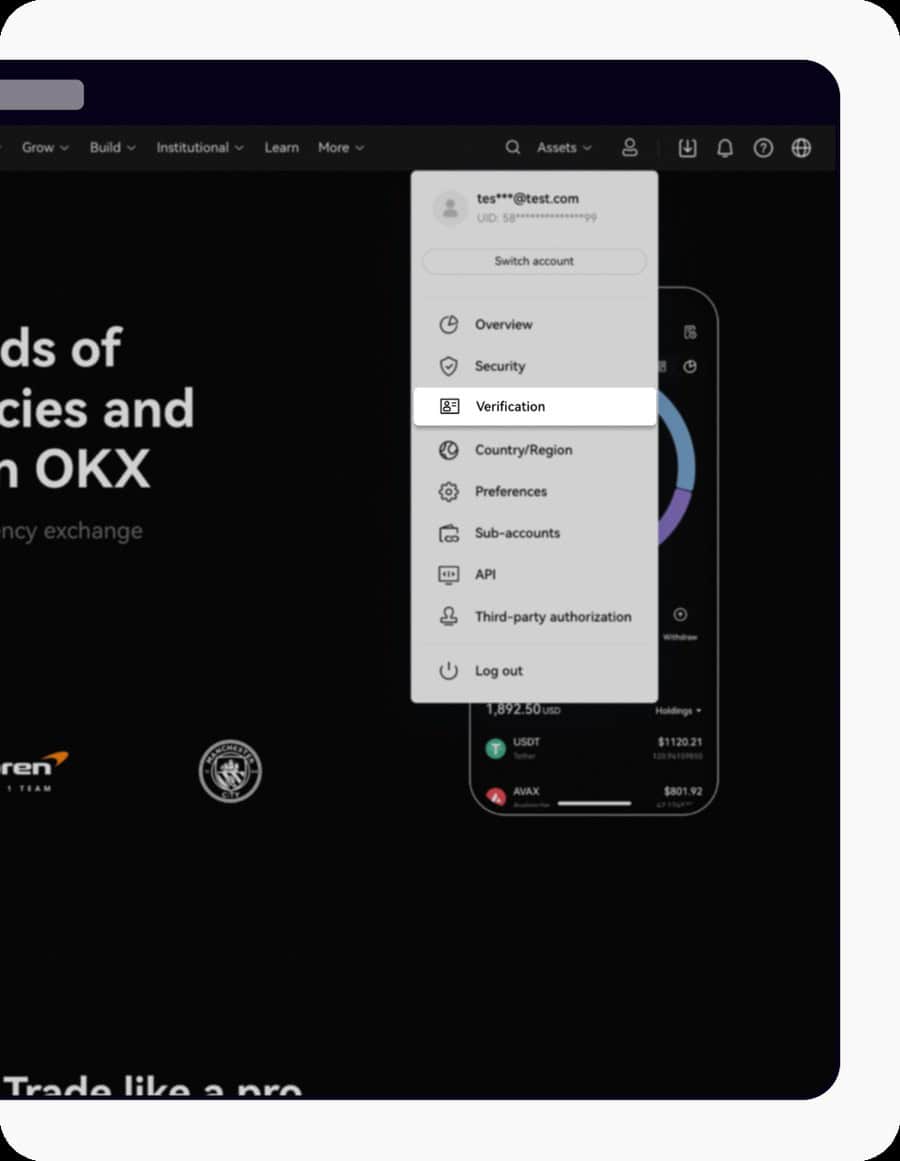Official OKX help-center example: Profile menu → Verification.